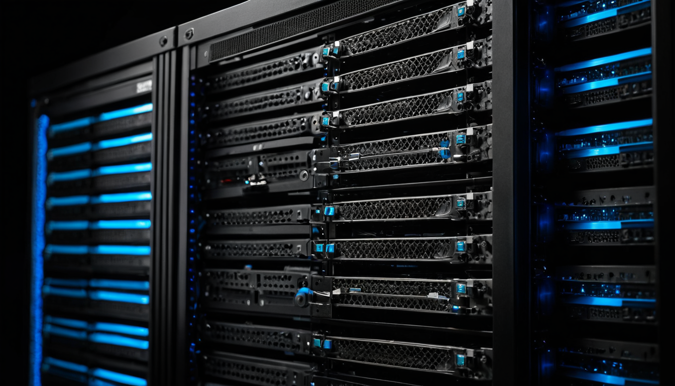 Rechenhardware für den lokalen Betrieb von KI-Modellen (A server rack with multiple computers, each equipped with multiple GPUs, connected by cables and arranged in rows) — Beitragsbild zu „Ollama, llama.cpp und vLLM im Vergleich: Welche Laufzeitumgebung sich für welchen Einsatz im Betrieb eignet“