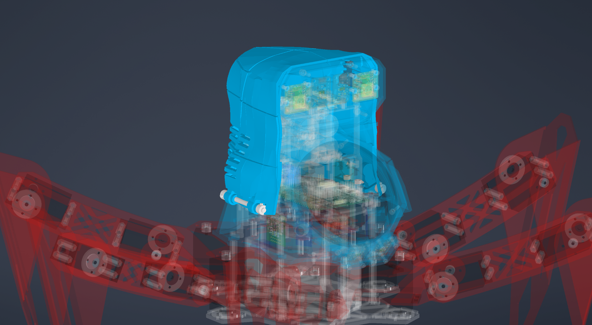 Transparente Original-CAD-Darstellung des VENOM-Gehäuses und seiner Elektronik-Baugruppen.
