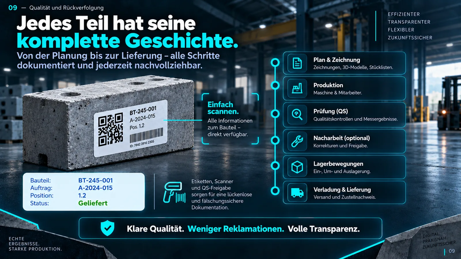 Qualität und Rückverfolgung: Etiketten, Scans, Prüfungen und Messwerte ergeben den Lebenslauf jedes Bauteils.